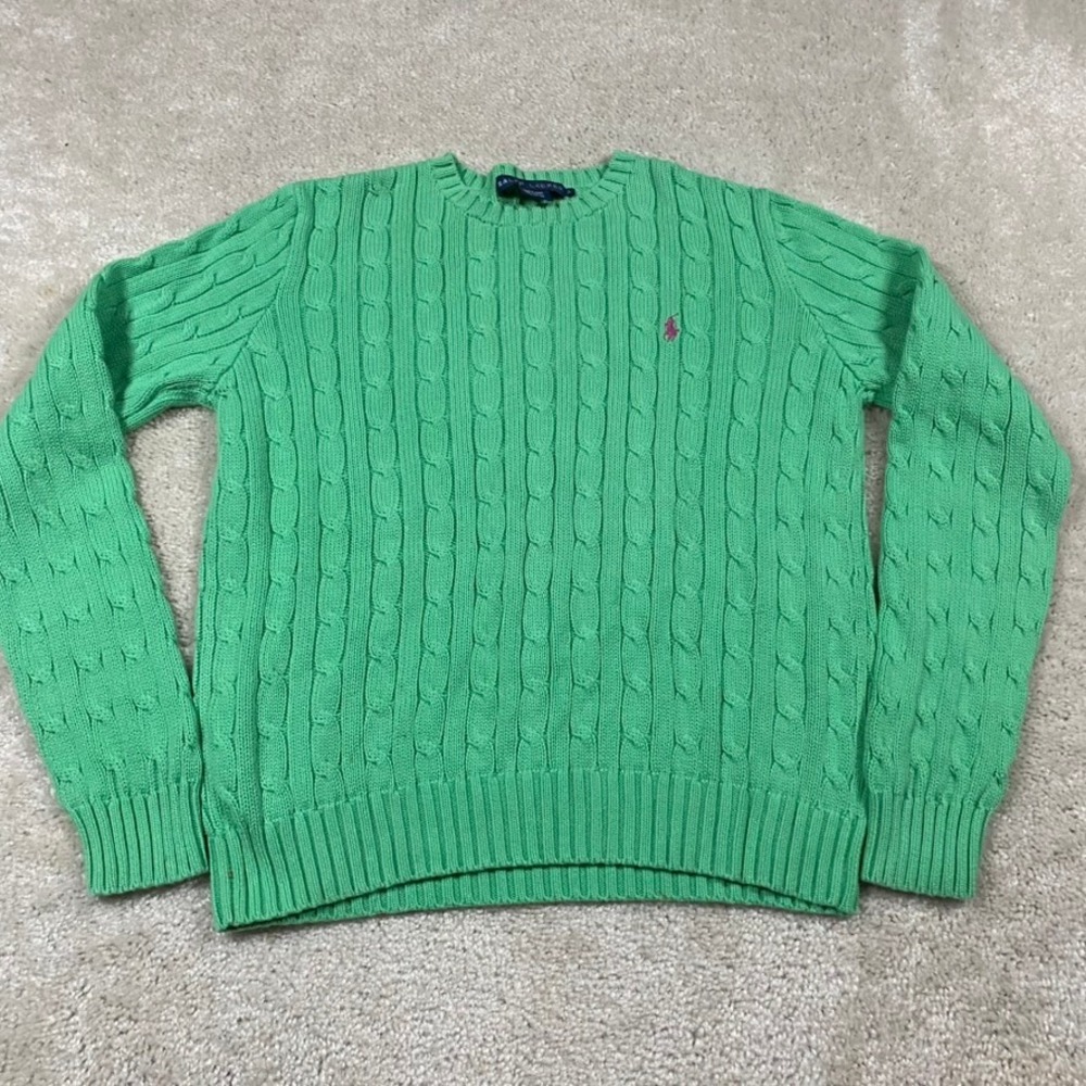 Ralph Lauren Sweater Womens L Green Cable Knit Cotton Crewneck Pink Pony